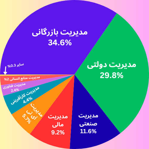 نمودار دایره ای درصد ظرفیت پذیرش ارشد مدیریت به تفکیک گرایش ها 1404